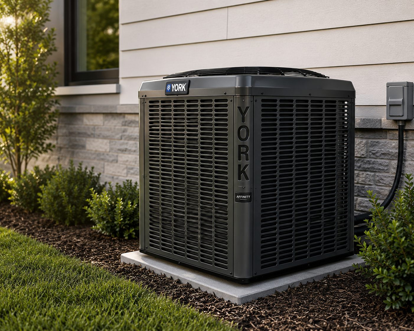 Modern York outdoor HVAC unit installed beside a home
