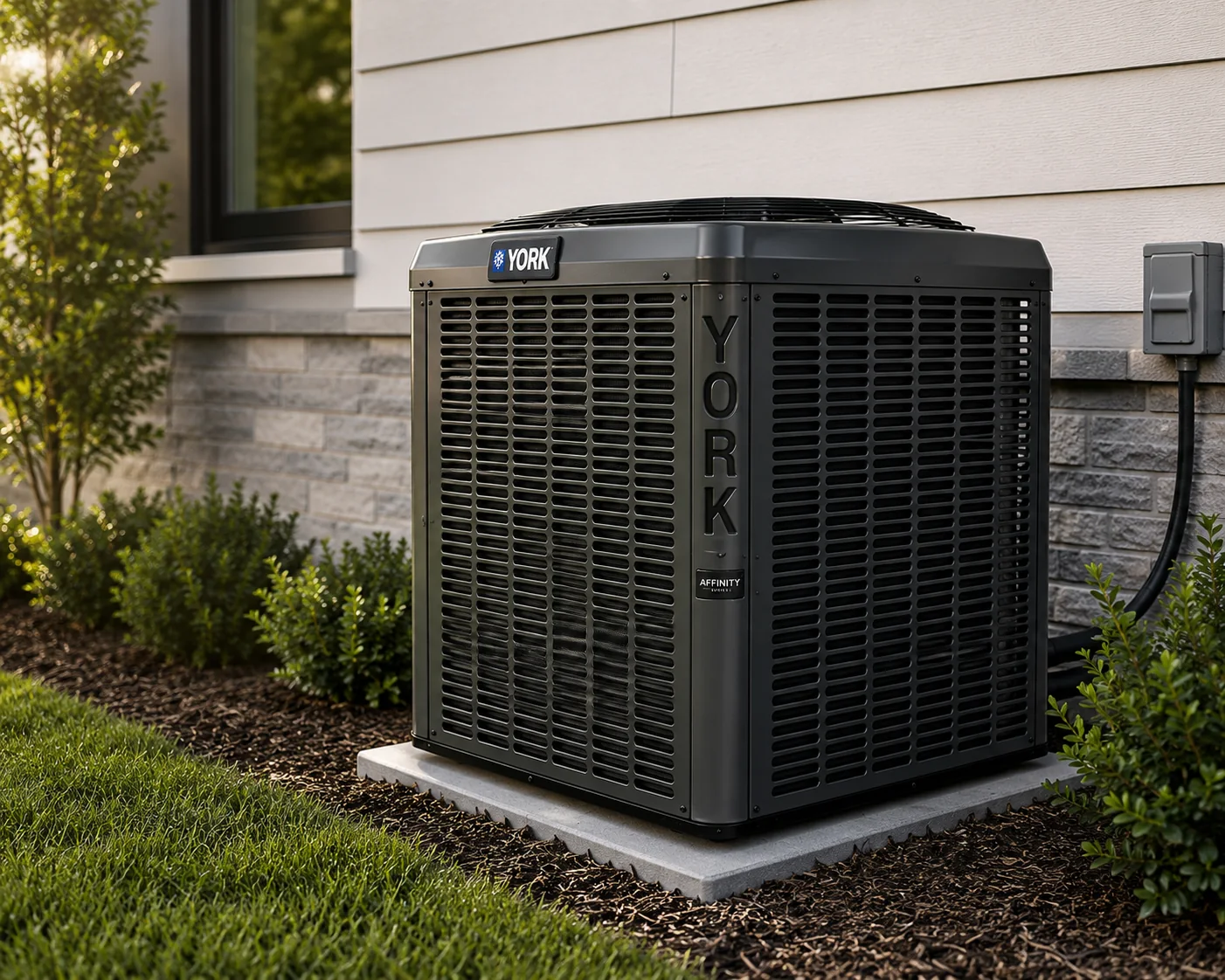Modern York outdoor HVAC unit installed beside a home